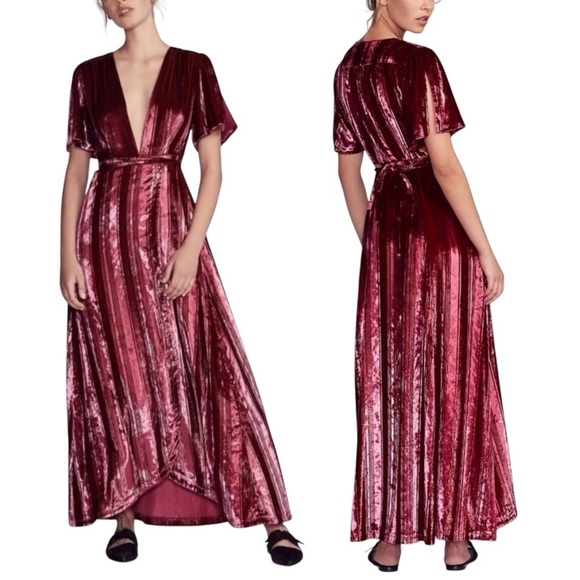 FREE PEOPLE Kara Metallic Red Velvet Short Sleeve Wrap Maxi Dress - Picture 2 of 12